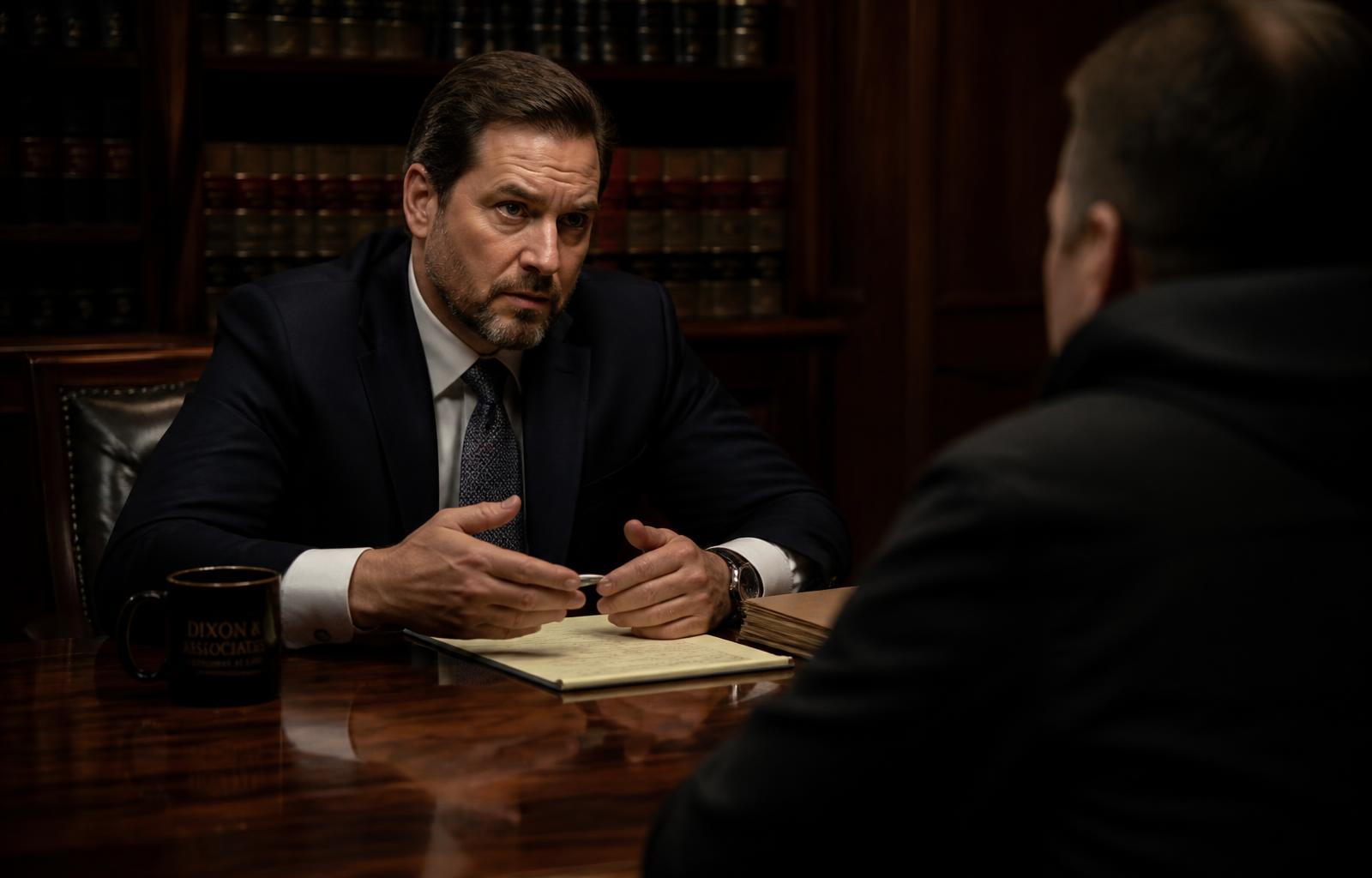 Criminal defense attorney consulting a client across a mahogany conference desk
